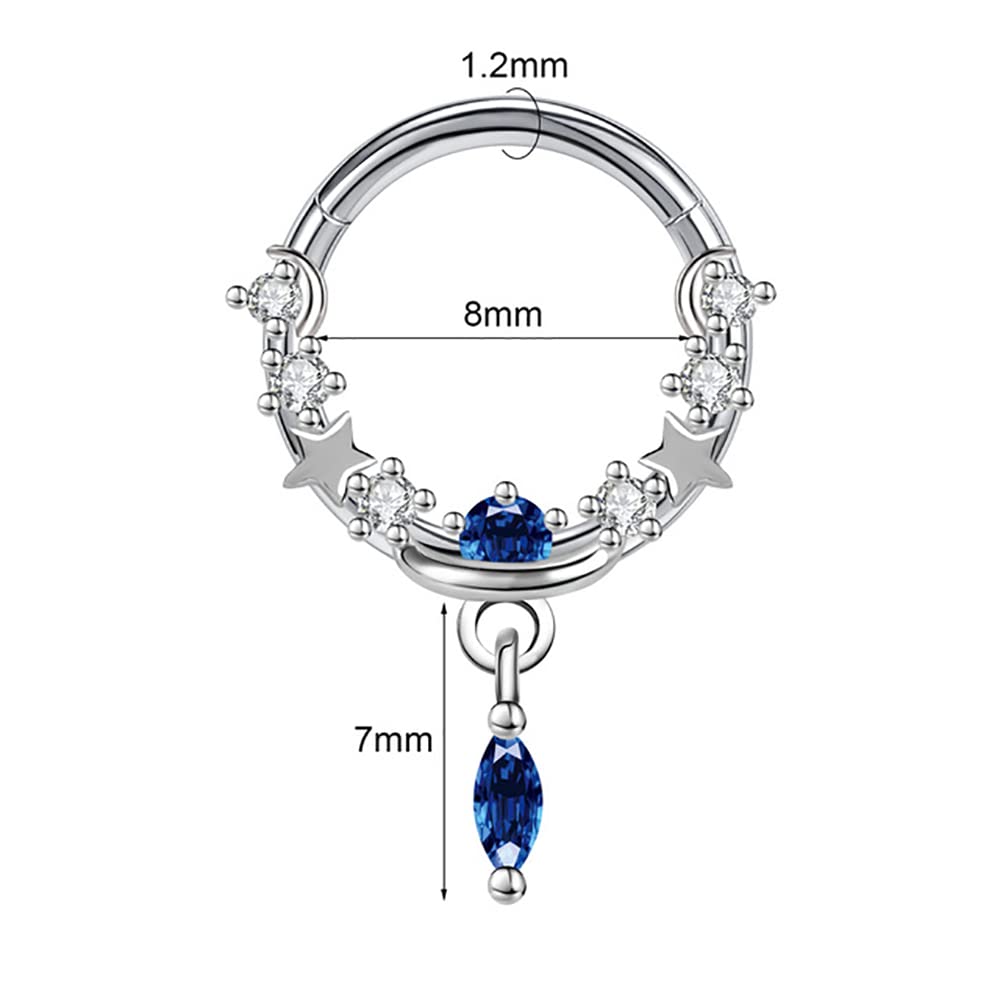 16G Septum Rings Blue Waterdrop Diamond Dangle Septum Jewelry CZ Planet Lucky Star Daith Earring 361L Surgical Stainless Steel Cartilage Piercing Crescent Moon Hinged Earrings Nose Helix Ring Clicker