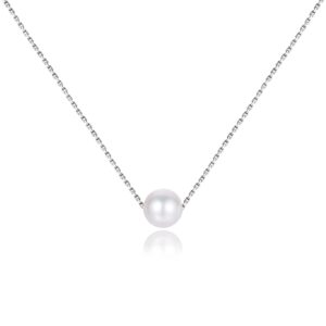 LUCKMORA Single Pearl Necklace for Women 925 Sterling Silver Freshwater Cultured 6.5mm - 7mm Pearls Choker Genuine Floating Pearls Necklaces Real Round White