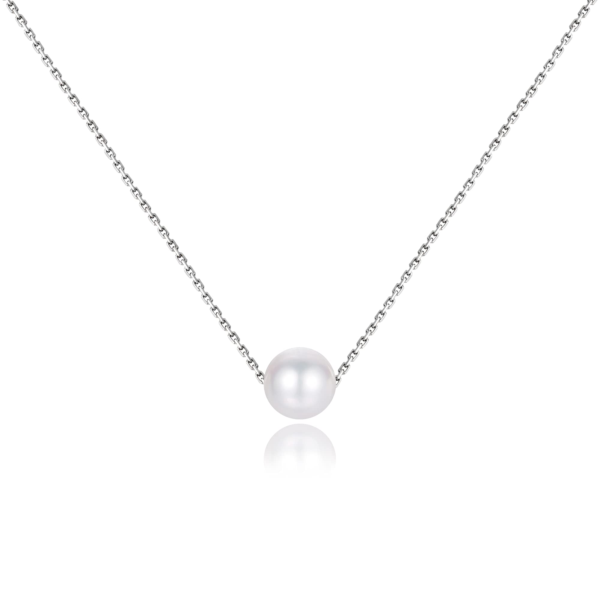 LUCKMORA Single Pearl Necklace for Women 925 Sterling Silver Freshwater Cultured 6.5mm - 7mm Pearls Choker Genuine Floating Pearls Necklaces Real Round White