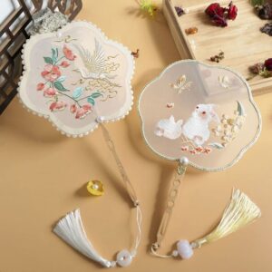 WEISHA Chinese Round Fan 1PC Chinese Style Embroidery Decor Fans with Ancient Style Long Handle Tassel Hanfu Cheongsam Dance Hand Fan Photography Prop(8)