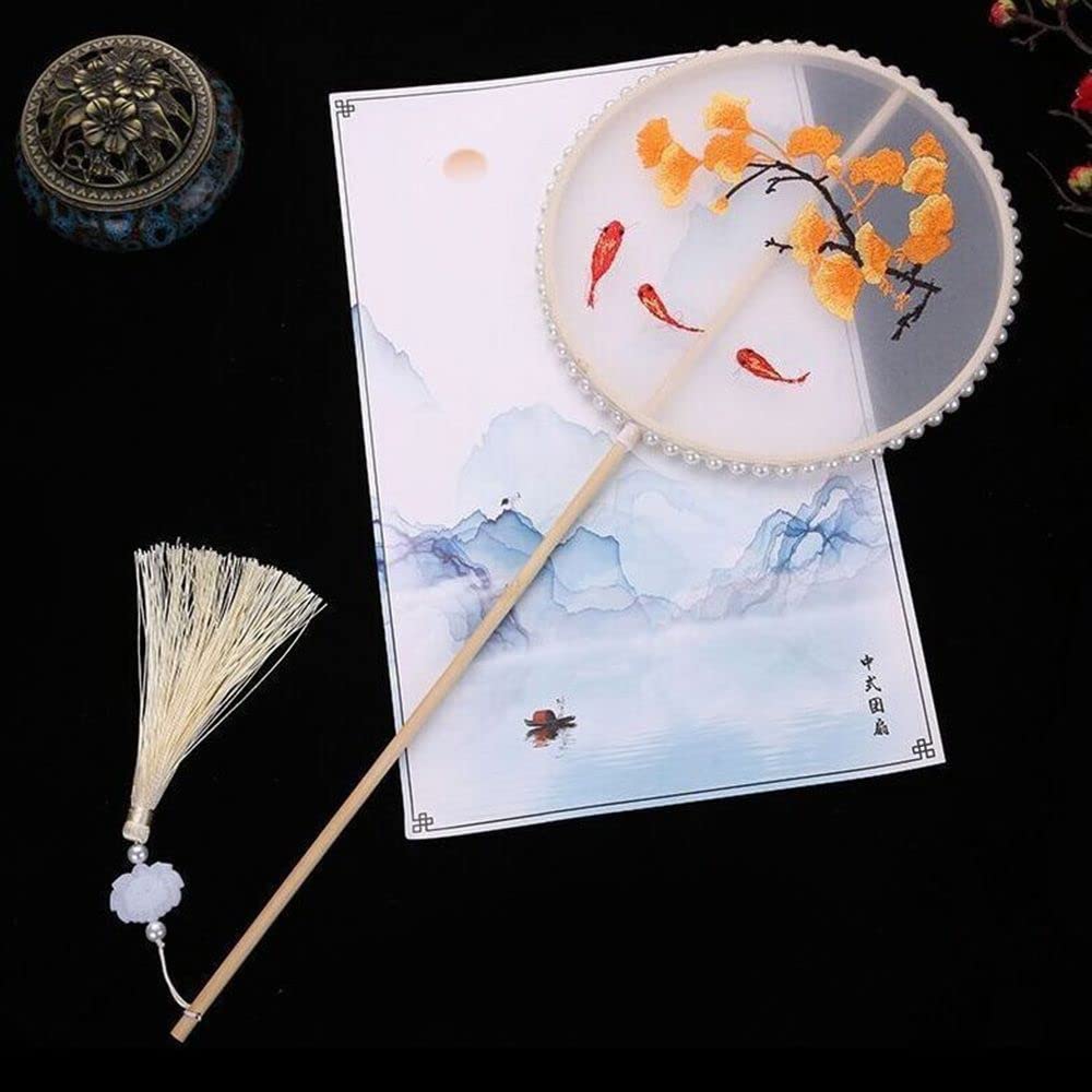 WEISHA Chinese Round Fan 1PC Chinese Style Embroidery Decor Fans with Ancient Style Long Handle Tassel Hanfu Cheongsam Dance Hand Fan Photography Prop(8)