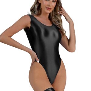 YiZYiF Women's 70D Oil Glossy Shiny Swimsuit High Cut Thong Blackless Dance Leotard Bodysuits Black Large