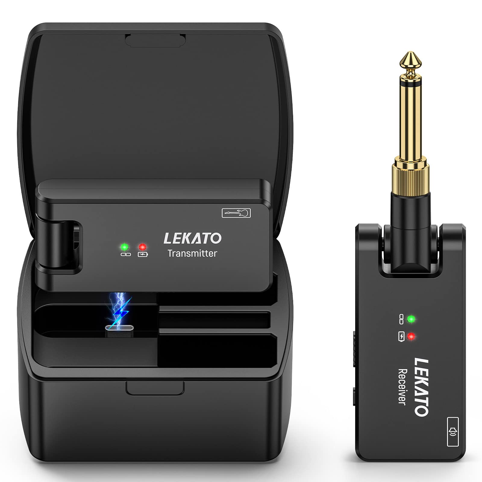 LEKATO Wireless Guitar System with Charging Box, Rechargeable Wireless Guitar Transmitter Receiver 2.4Ghz Guitar Wireless System for Electric Guitar Bass (WS-100)