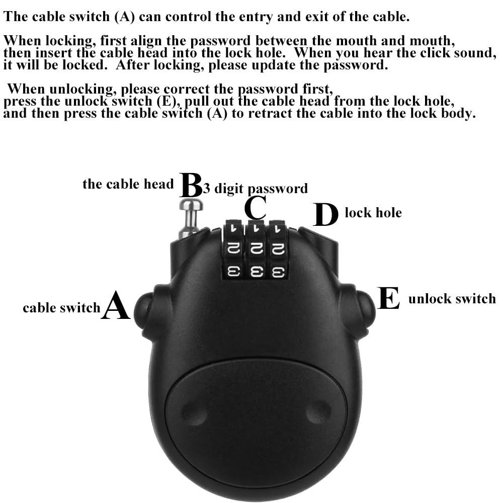 HomeSoGood Combination Lock, Black, Suitcase, Helmet, Bike, Luggage, Doors, Briefcase, Purse, Accessories, Retractable Steel Cable, 75cm