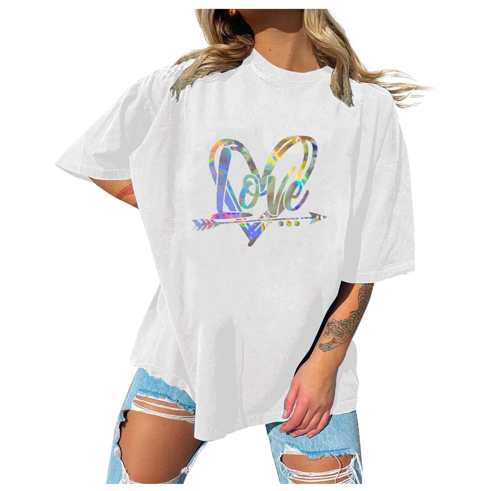 Women's Oversized Graphic Tee Valentine's Day Printed Drop Shoulder Short Sleeve Loose Fit Cute T-Shirts Tops