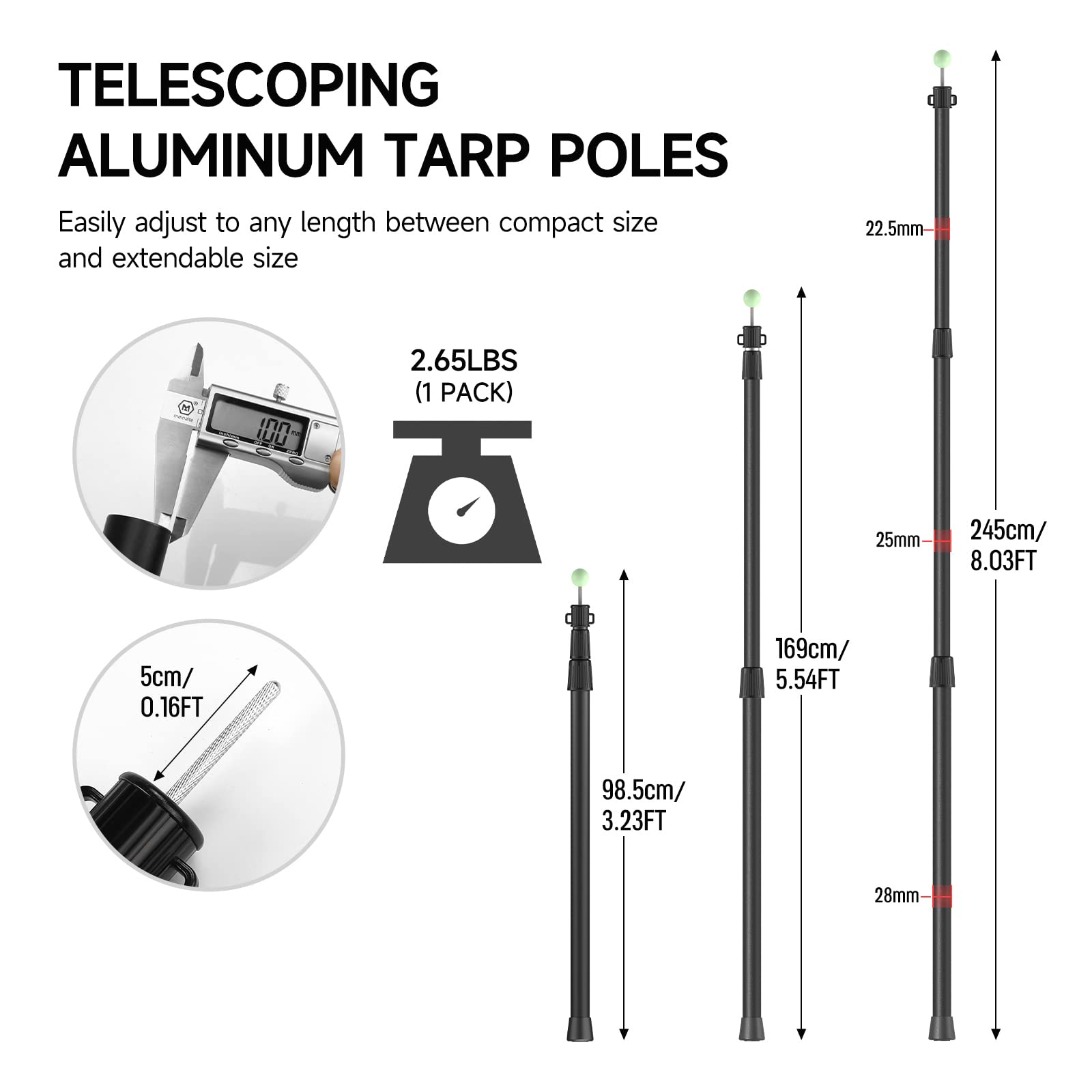 SANLIKE Telescoping Tarp Poles Tent Poles, 96" Aluminum Canopy Poles Extendable Pole for Awning Shelter Camping Hiking Backpacking, Newest Luminous Tip Cap Design, Set of 2, Black