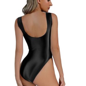 YiZYiF Women's 70D Oil Glossy Shiny Swimsuit High Cut Thong Blackless Dance Leotard Bodysuits Black Large