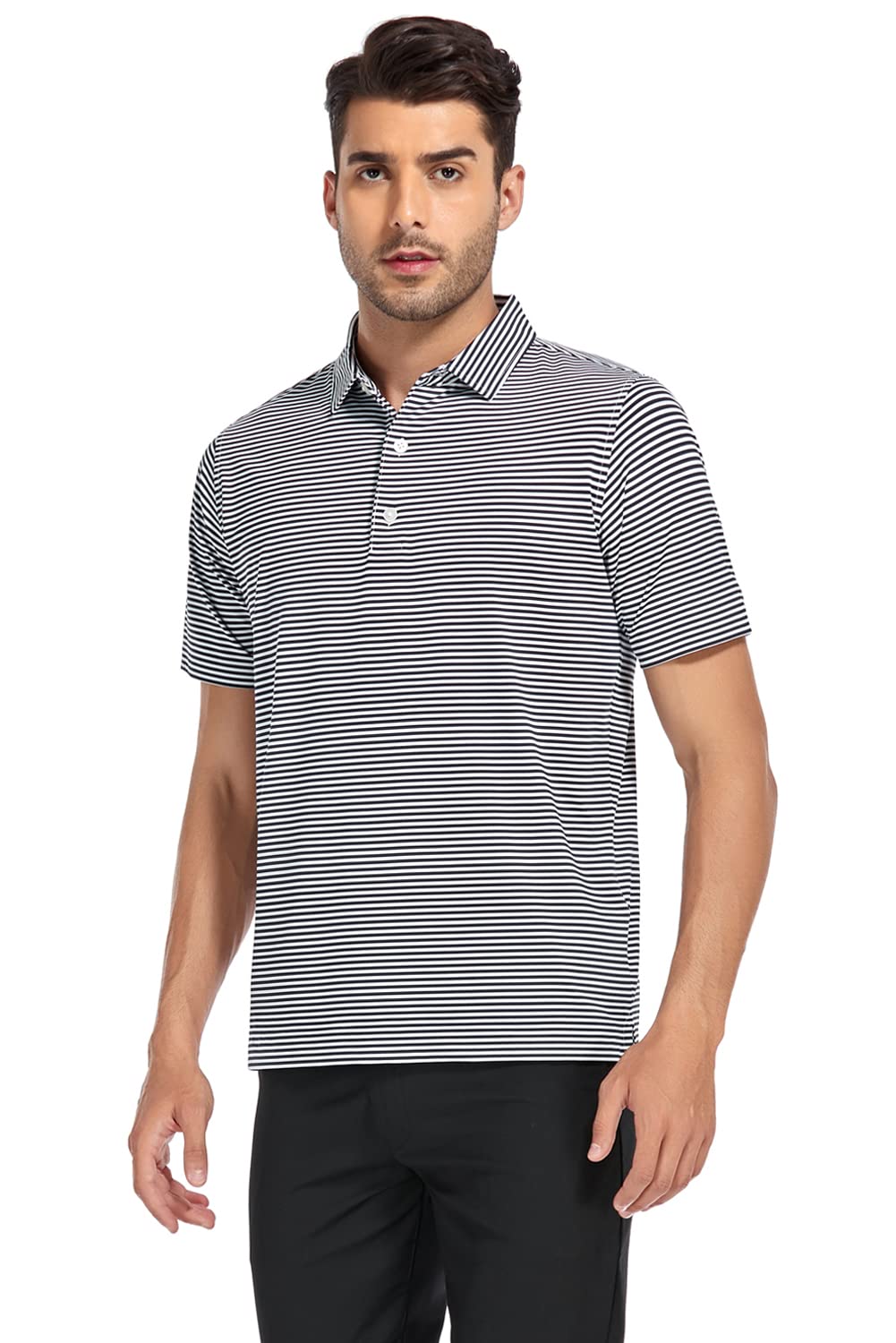 DEOLAX Mens Polo Shirts Classic Striped Golf Polo Shirts Short Sleeve Dry Fit Performance Wicking Moisture Polo Shirt for Men