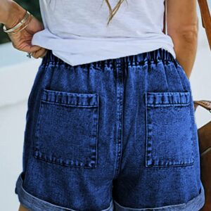 NEYOUQE Women Plus Size Curvy Outfit Dark Blue Jean Shorts with Pockets Womens high Waisted Elastic Waist Workout Biker Athletic Running for Women Casual Summer Ripped Denim Shorts Lounge Cotton XL