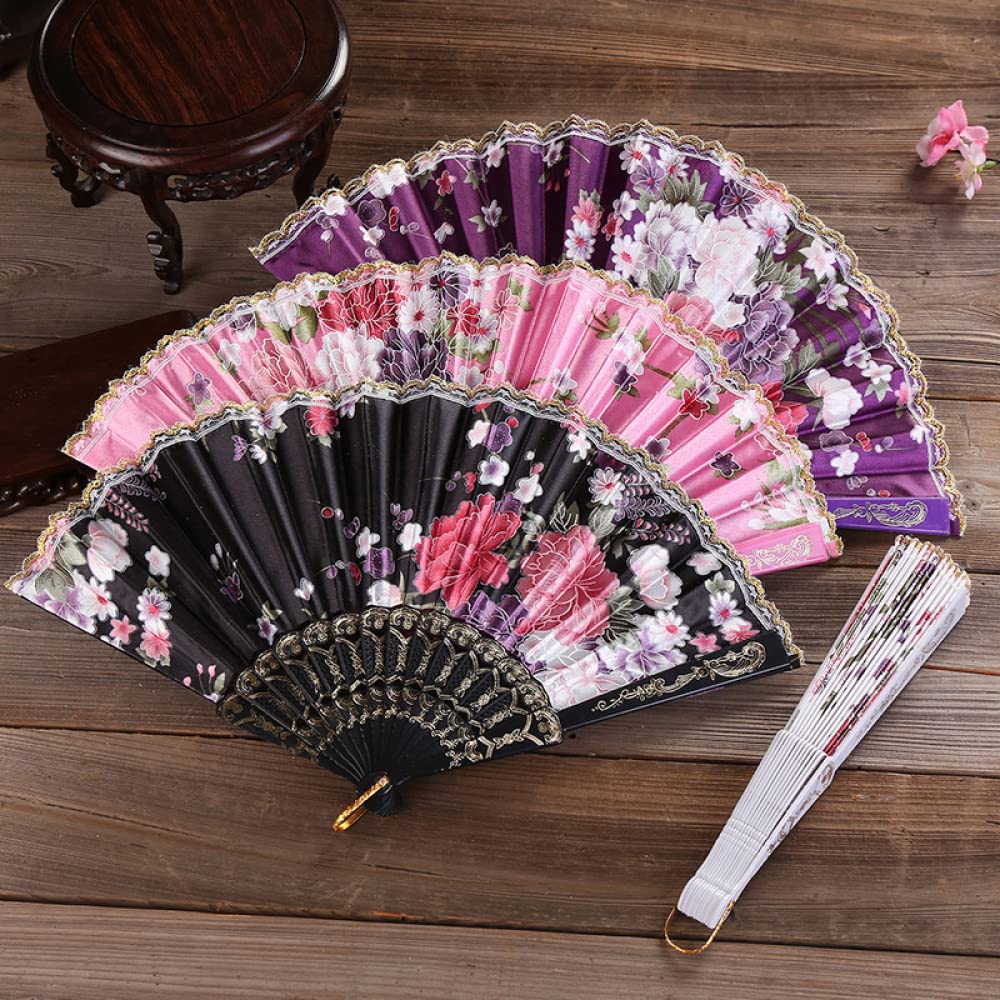 NOBRIM Hand Fan Chinese Style Hand Held Folding Dance Fan Wedding Party Lace Silk Folding Hand Held Flower Fan Summer Wedding Fan Party for Men and Women Performance Dance Decorations Festival Gift