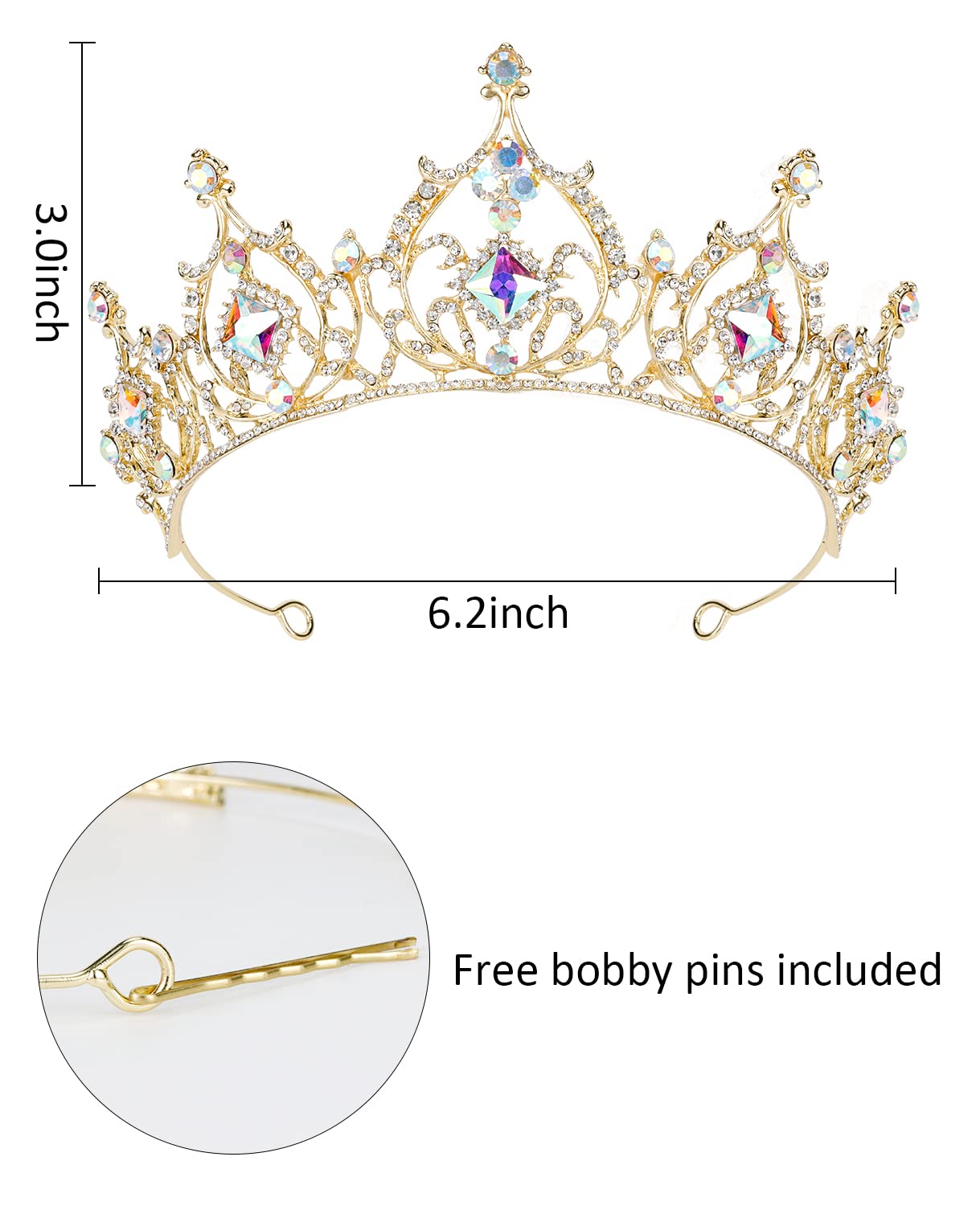 Wecoe Gold Crown for Women AB Rhinestone Tiara Baroque Style Crown Birthday Girls Rhinestone Tiaras and Crowns Princess Queen Crown Wedding Hair Accessories for Brides Happy Birthday Decorations Gifts