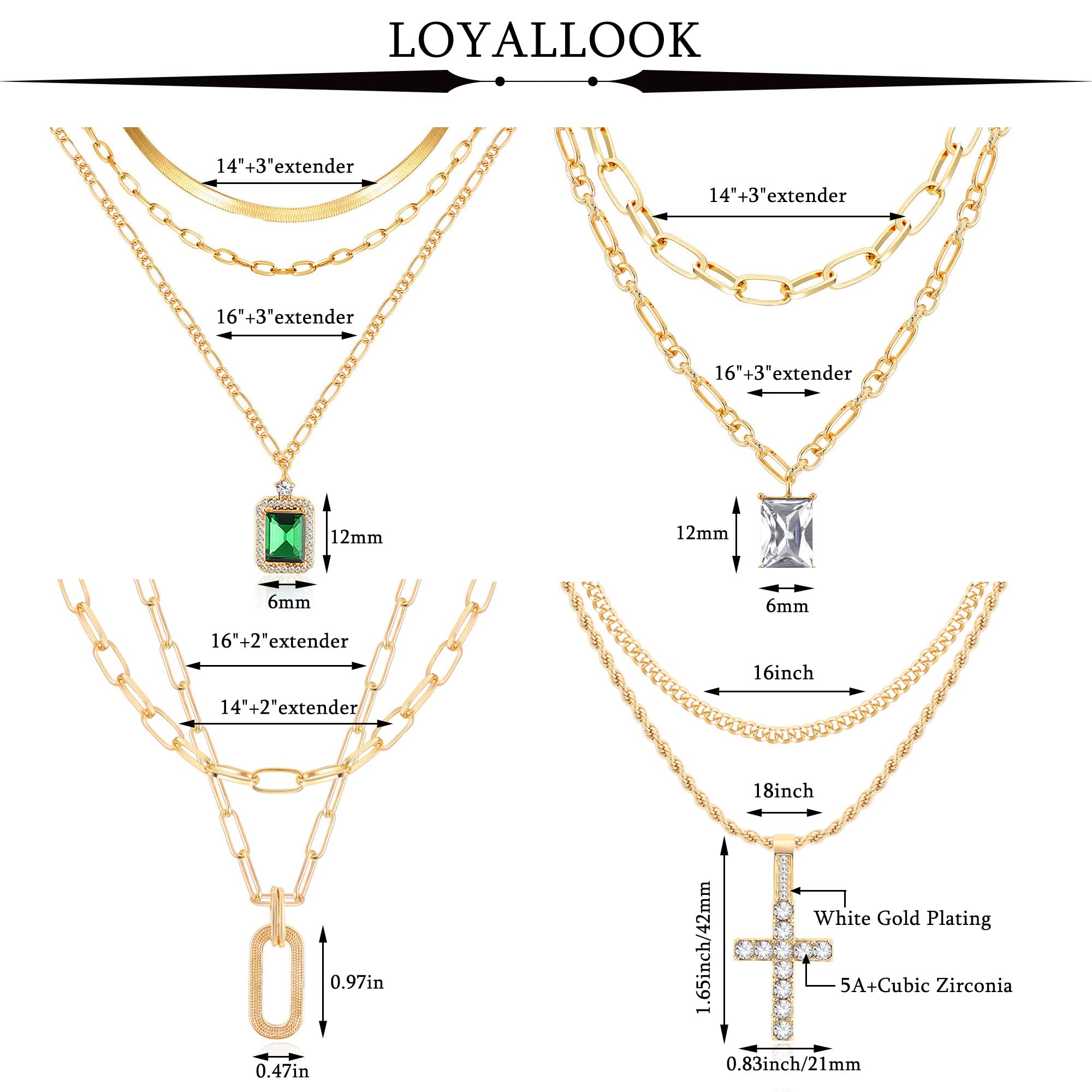 LOYALLOOK 9Pcs 14K Gold Plated Paperclip Herringbone Snake Figaro Chain Link Layered Choker Necklaces Paperclip Emerald Crystal Pendant Layering Necklace Cuban Link Rope Chain Cross Necklaces Gold Tone