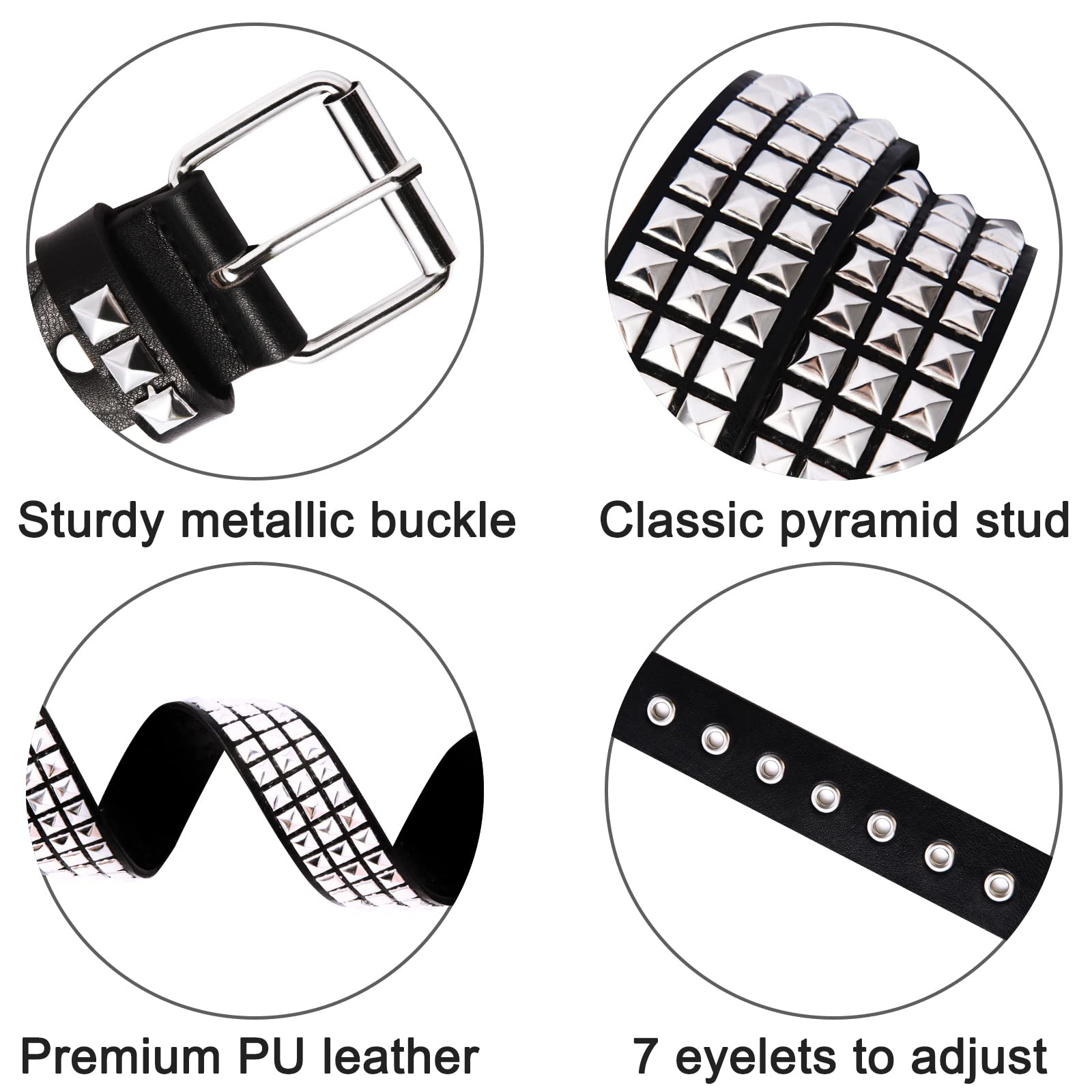 RUILAIBO Studded Belt Metal Punk Rock Rivet Belts for Women/Men Grommet Pyramid Goth (M for 34-39'')