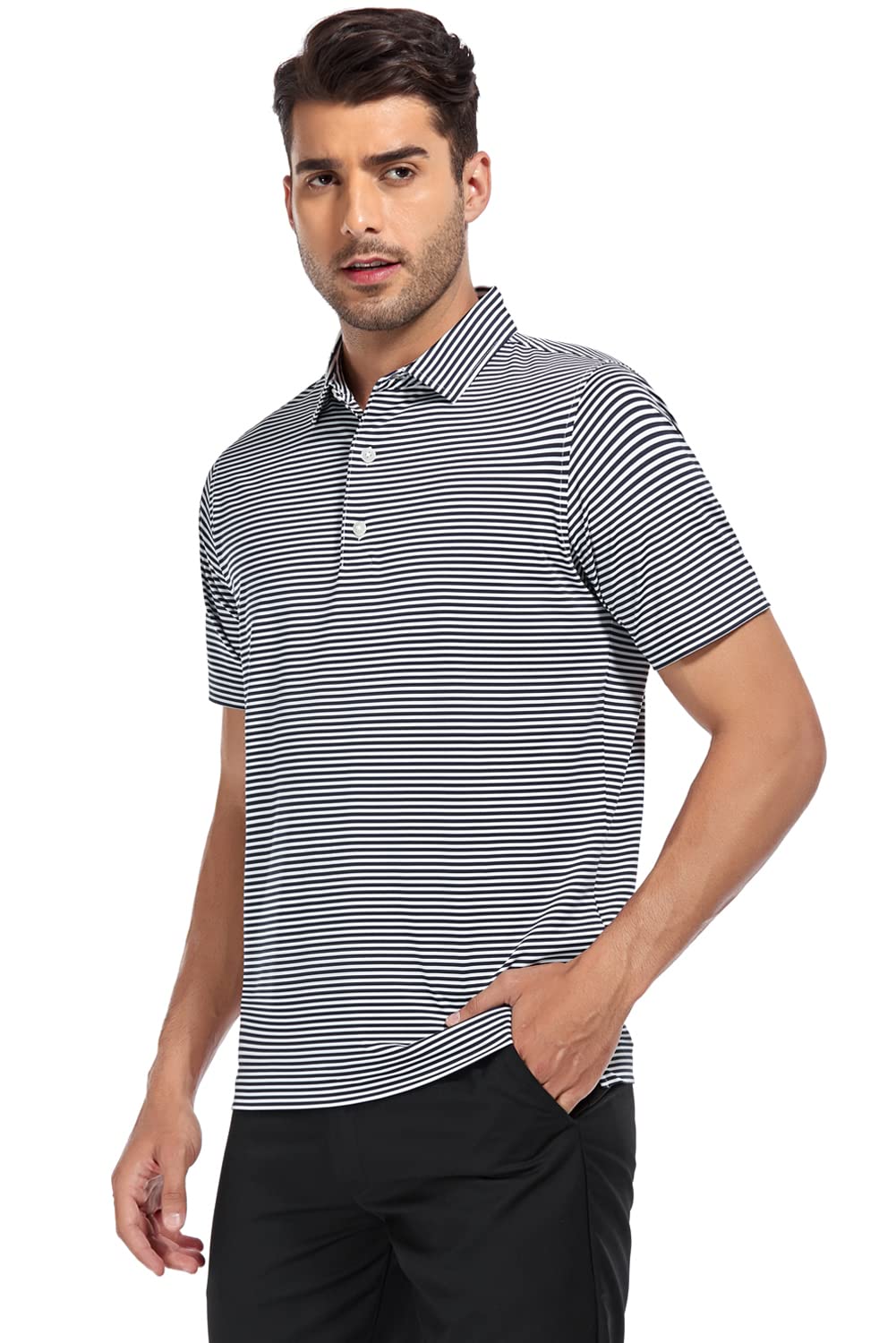 DEOLAX Mens Polo Shirts Classic Striped Golf Polo Shirts Short Sleeve Dry Fit Performance Wicking Moisture Polo Shirt for Men