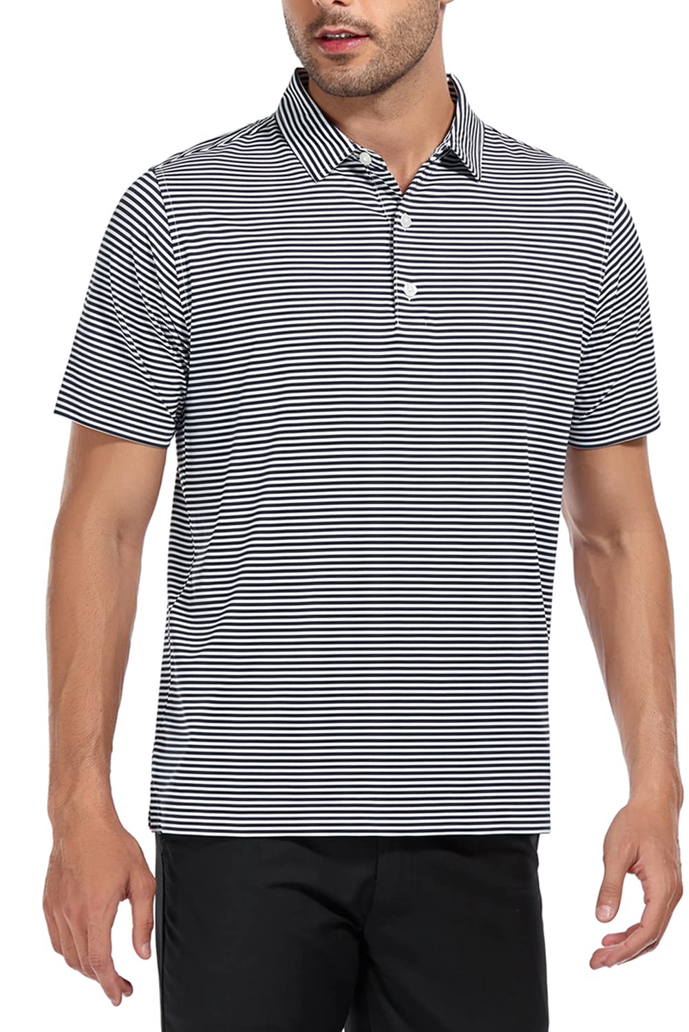 DEOLAX Mens Polo Shirts Classic Striped Golf Polo Shirts Short Sleeve Dry Fit Performance Wicking Moisture Polo Shirt for Men