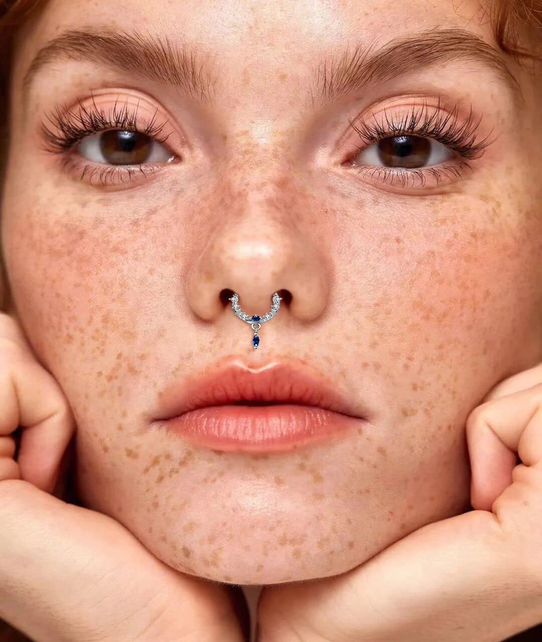 16G Septum Rings Blue Waterdrop Diamond Dangle Septum Jewelry CZ Planet Lucky Star Daith Earring 361L Surgical Stainless Steel Cartilage Piercing Crescent Moon Hinged Earrings Nose Helix Ring Clicker