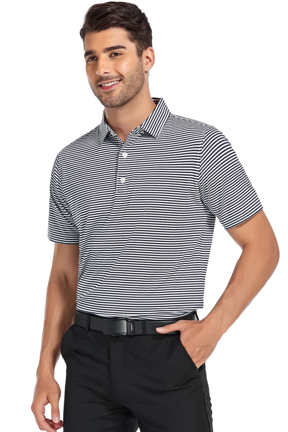 DEOLAX Mens Polo Shirts Classic Striped Golf Polo Shirts Short Sleeve Dry Fit Performance Wicking Moisture Polo Shirt for Men