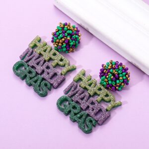 Acrylic Happy Mardi Gras Earrings Letter Beads Ball Earrings Purple Green Gold Beaded Drop Dangle Earrings for Women Carnival Jewelry Gifts (HAPPY MARDI GRAS)