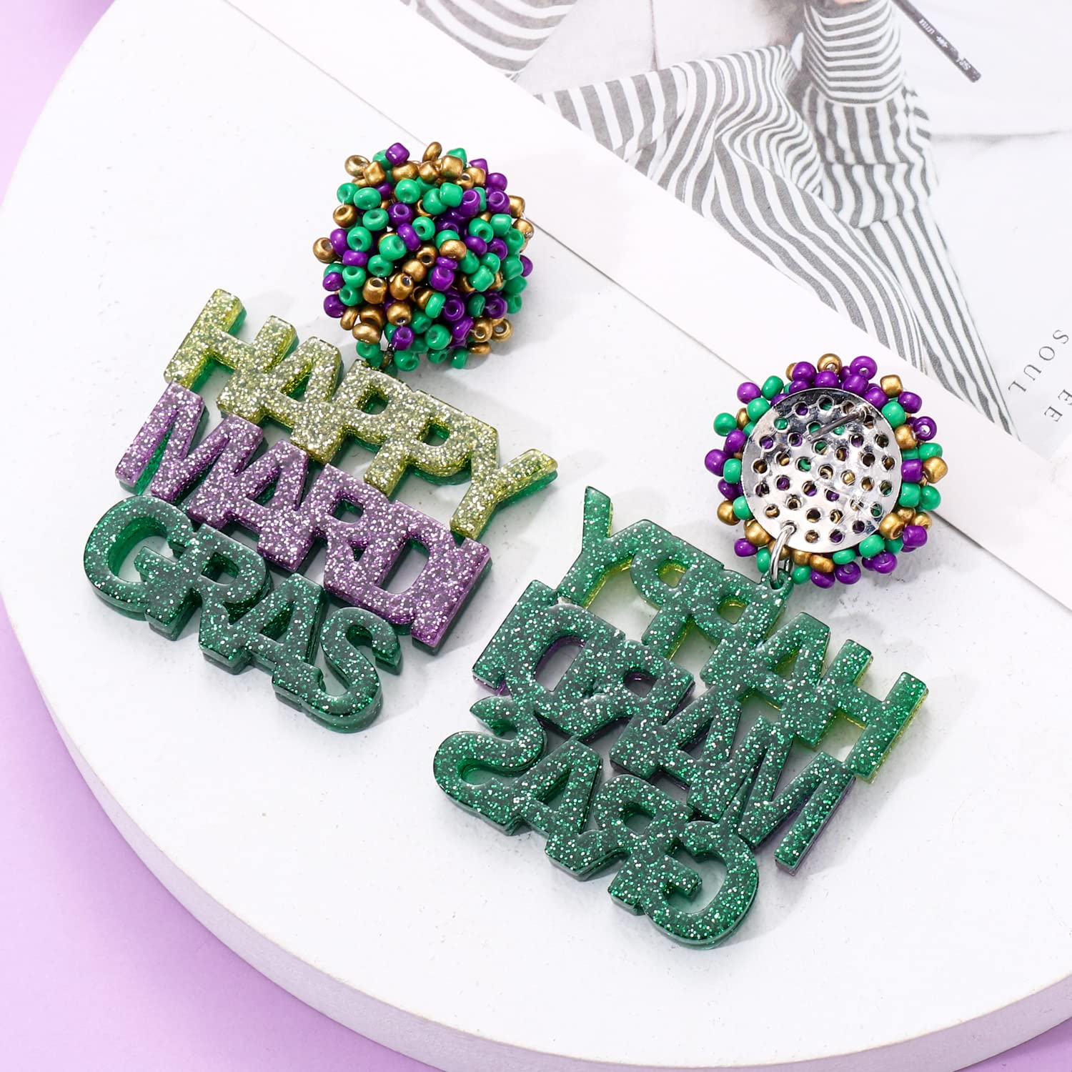 Acrylic Happy Mardi Gras Earrings Letter Beads Ball Earrings Purple Green Gold Beaded Drop Dangle Earrings for Women Carnival Jewelry Gifts (HAPPY MARDI GRAS)