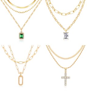 loyallook 9pcs 14k gold plated paperclip herringbone snake figaro chain link layered choker necklaces paperclip emerald crystal pendant layering necklace cuban link rope chain cross necklaces gold tone