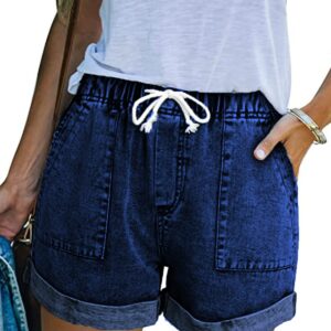 NEYOUQE Women Plus Size Curvy Outfit Dark Blue Jean Shorts with Pockets Womens high Waisted Elastic Waist Workout Biker Athletic Running for Women Casual Summer Ripped Denim Shorts Lounge Cotton XL