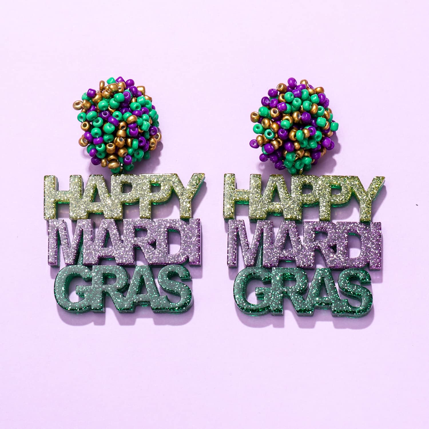 Acrylic Happy Mardi Gras Earrings Letter Beads Ball Earrings Purple Green Gold Beaded Drop Dangle Earrings for Women Carnival Jewelry Gifts (HAPPY MARDI GRAS)