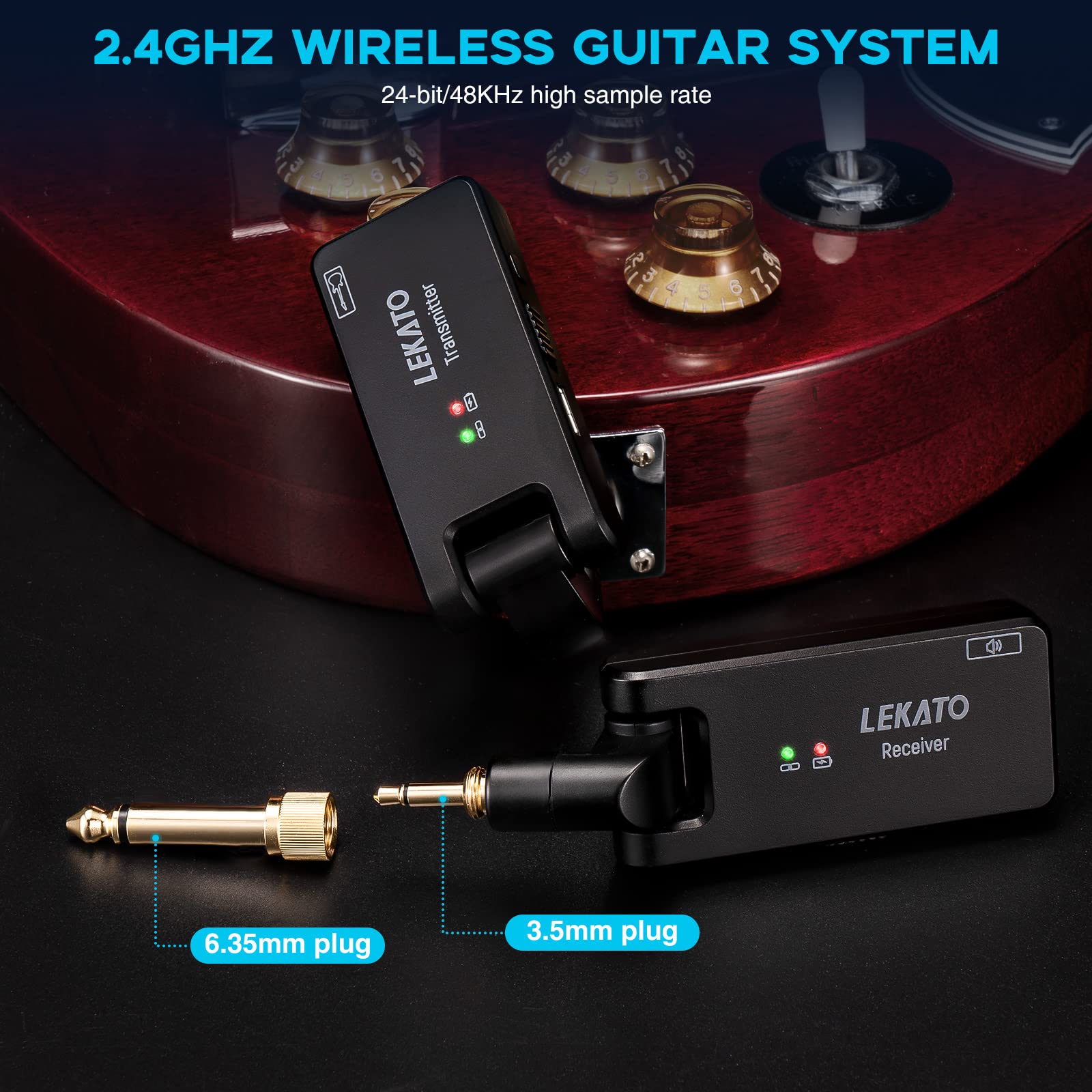 LEKATO Wireless Guitar System with Charging Box, Rechargeable Wireless Guitar Transmitter Receiver 2.4Ghz Guitar Wireless System for Electric Guitar Bass (WS-100)