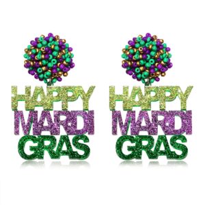 Acrylic Happy Mardi Gras Earrings Letter Beads Ball Earrings Purple Green Gold Beaded Drop Dangle Earrings for Women Carnival Jewelry Gifts (HAPPY MARDI GRAS)