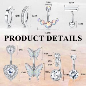 LOYALLOOK 8Pcs Clicker Belly Button Ring for Women Surgical Steel CZ Heart Butterfly Belly Ring Simple Bar Reverse Curved Navel Rings Belly Barbell Piercing Jewelry 14G Silver Tone