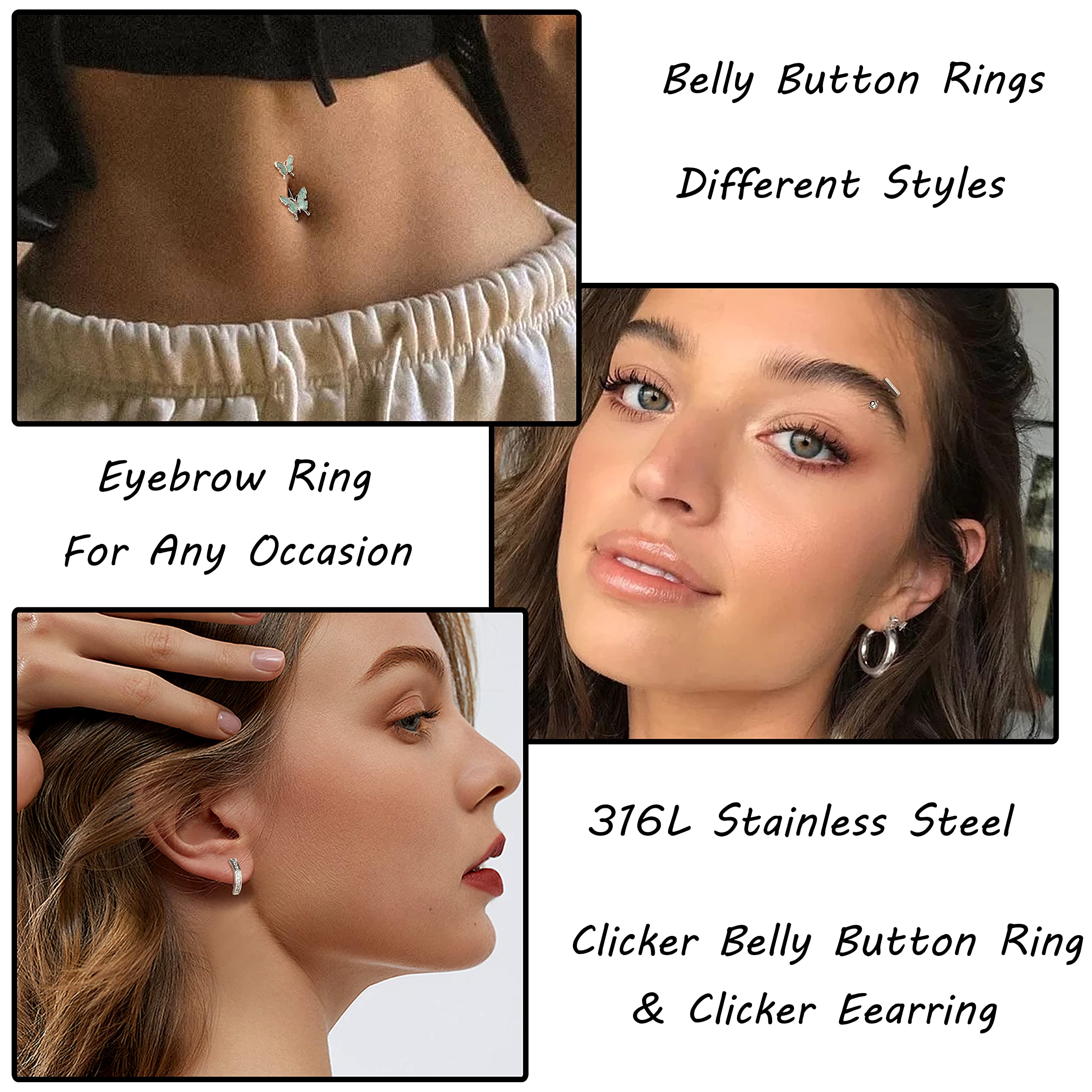 LOYALLOOK 8Pcs Clicker Belly Button Ring for Women Surgical Steel CZ Heart Butterfly Belly Ring Simple Bar Reverse Curved Navel Rings Belly Barbell Piercing Jewelry 14G Silver Tone