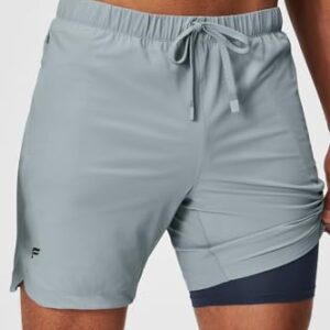 Fabletics Men's The One Short (Lined), Training, Swimming, Lightweight, Quick-Dry, Zip Pocket, Stretch Woven, 7" Inseam, XL, Shadow Grey