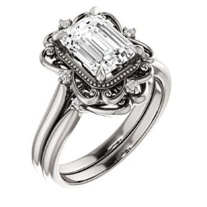 jeweleryn 2 ct emerald cut vvs1 colorless moissanite engagement ring set, wedding/bridal ring set, sterling silver vintage antique anniversary promise ring set gift for her (11.0)