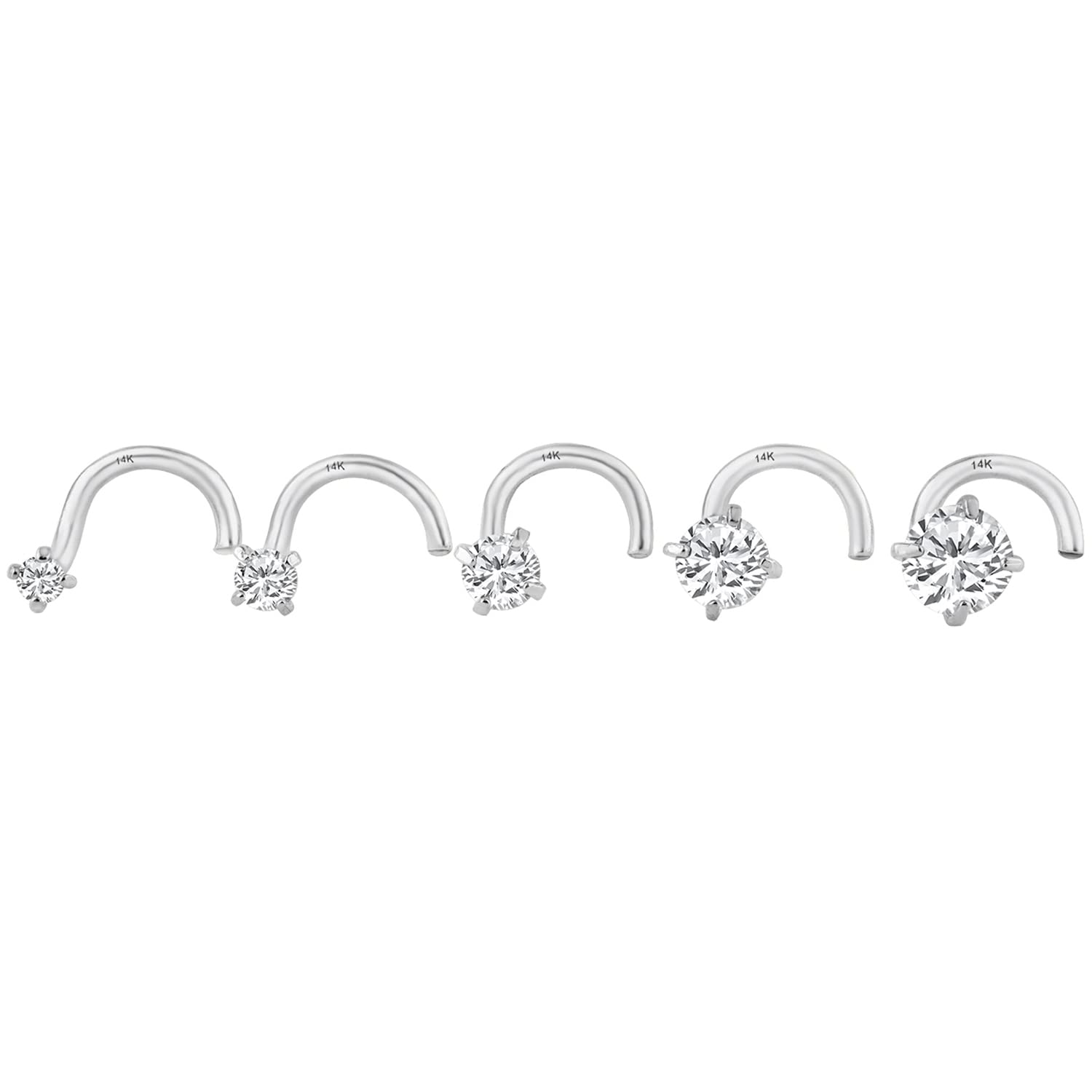 14K Solid White Gold, Twisted Bar Nose Stud, Diamond Nose Stud, Micro Nose, Screw Nose Stud, Body Jewelry White Gold (3.50 ml Cubic Zircon)