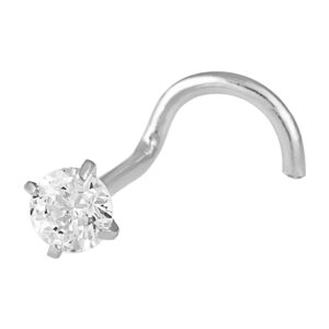 14K Solid White Gold, Twisted Bar Nose Stud, Diamond Nose Stud, Micro Nose, Screw Nose Stud, Body Jewelry White Gold (3.50 ml Cubic Zircon)