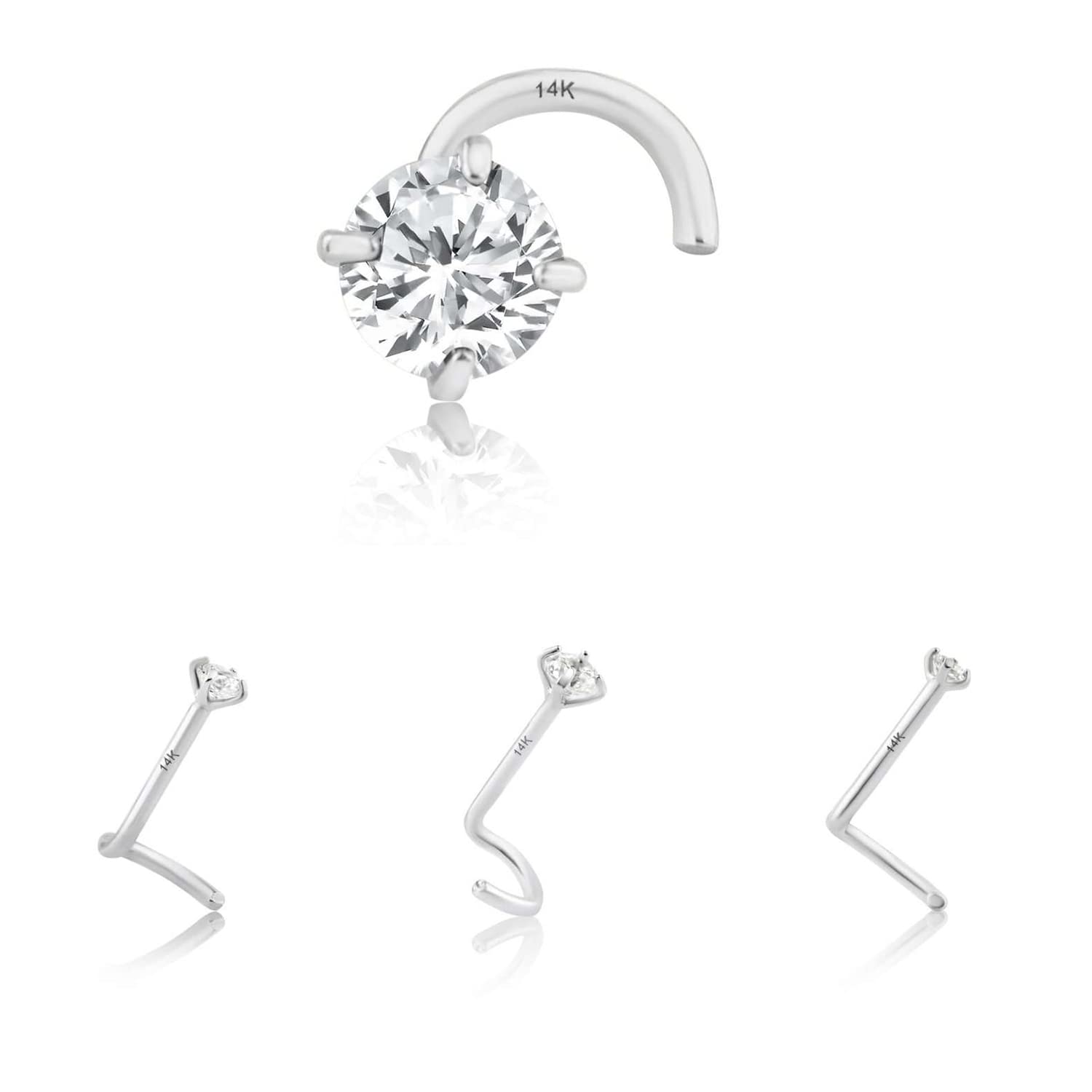 14K Solid White Gold, Twisted Bar Nose Stud, Diamond Nose Stud, Micro Nose, Screw Nose Stud, Body Jewelry White Gold (3.50 ml Cubic Zircon)