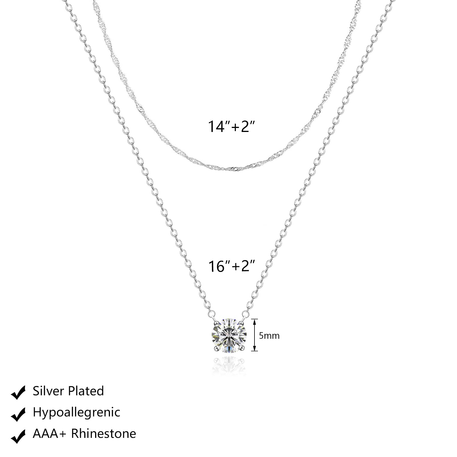 Zeffy Silver Necklace for Women Dainty Silver Layered Necklaces Silver Plated Diamond Necklaces Simple CZ Solitaire Pendant Necklace Cute Silver Chain Choker Necklaces for Women Trendy