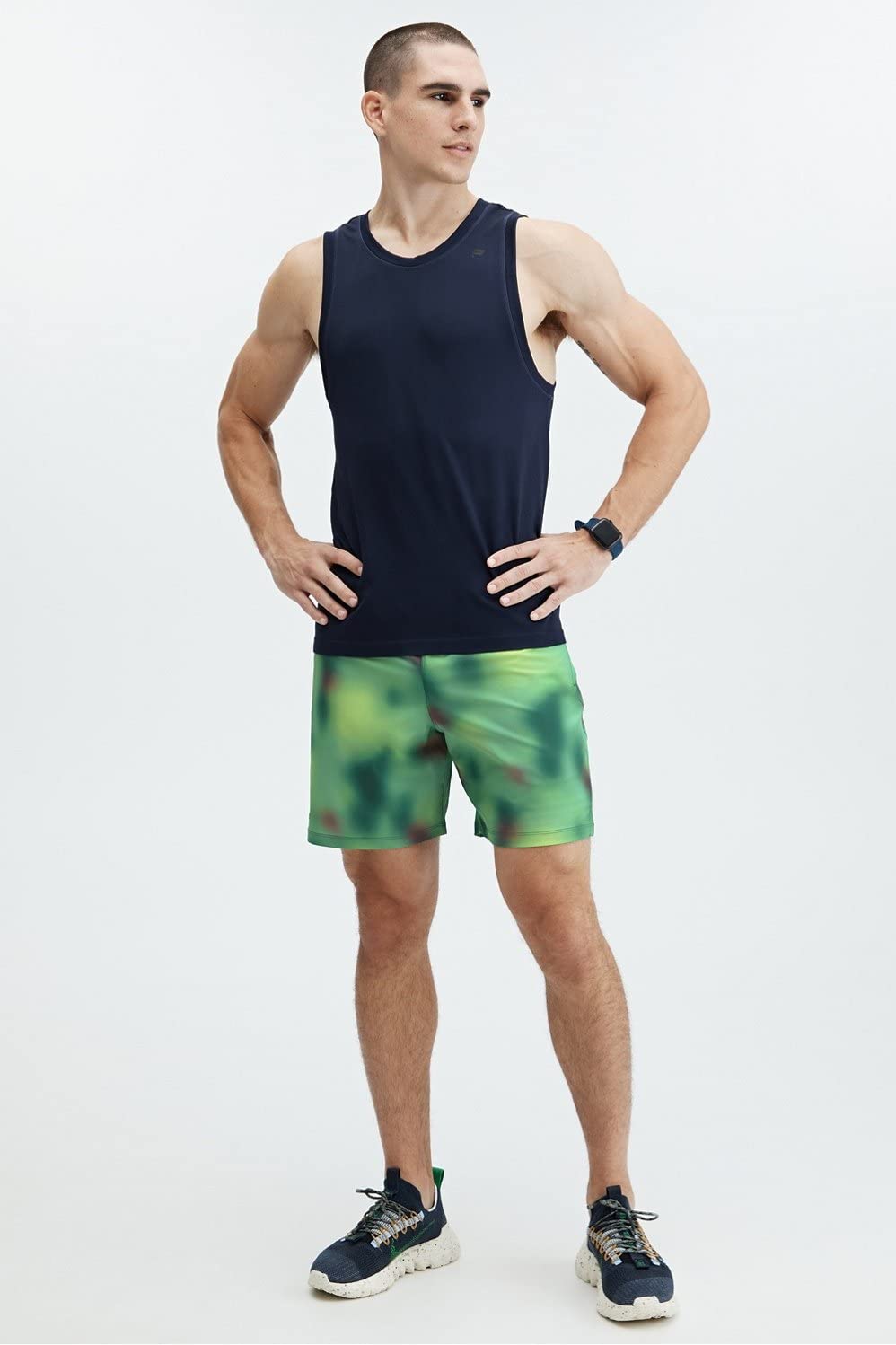 Fabletics Men's The Fundamental Short, Workout, Running, Training, Gym, Yoga, Ultra Lightweight, Athletic, L, Azure Green Blur