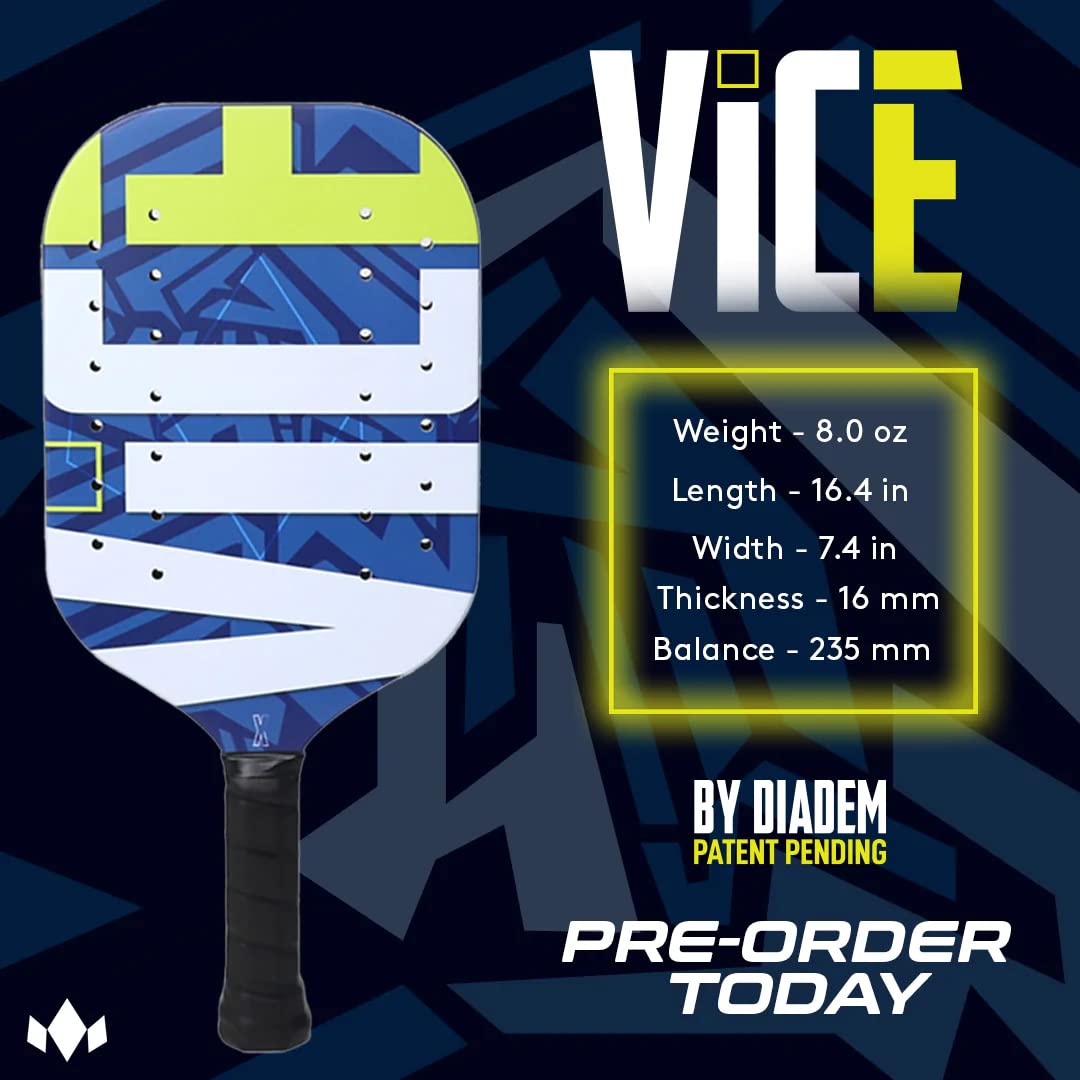 Diadem VICE Pickleball Concept Paddle | EVA Foam Core, RP2 Grit Coating, Edgeless Core Molding System Performance, High Grade Carbon Fiber | Spin, Control and Power | Indoor/Outdoor