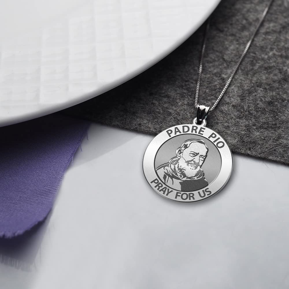 PicturesOnGold.com Padre Pio Religious Medal - 2/3 Inch Size of Dime, Sterling Silver with Engraving