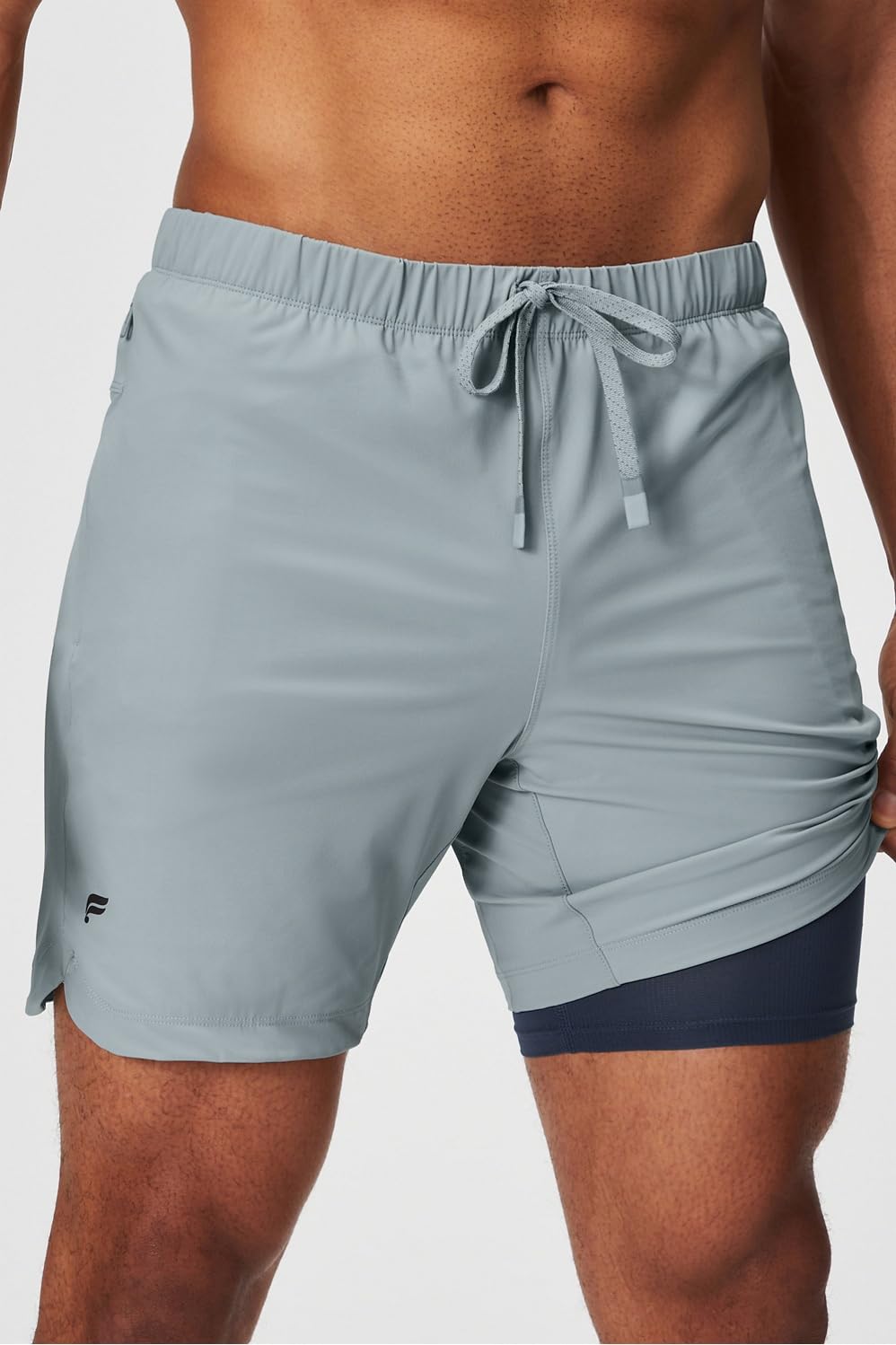 Fabletics Men's The One Short (Lined), Training, Swimming, Lightweight, Quick-Dry, Zip Pocket, Stretch Woven, 7" Inseam, L, Shadow Grey