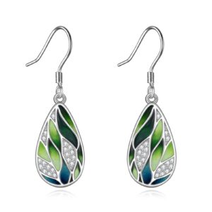 VONALA 925 Sterling Silver Green Earrings for Women Bamboo Leaf Earrings Dangle Enamel Earrings Green Leaf Jewelry Gifts for Her