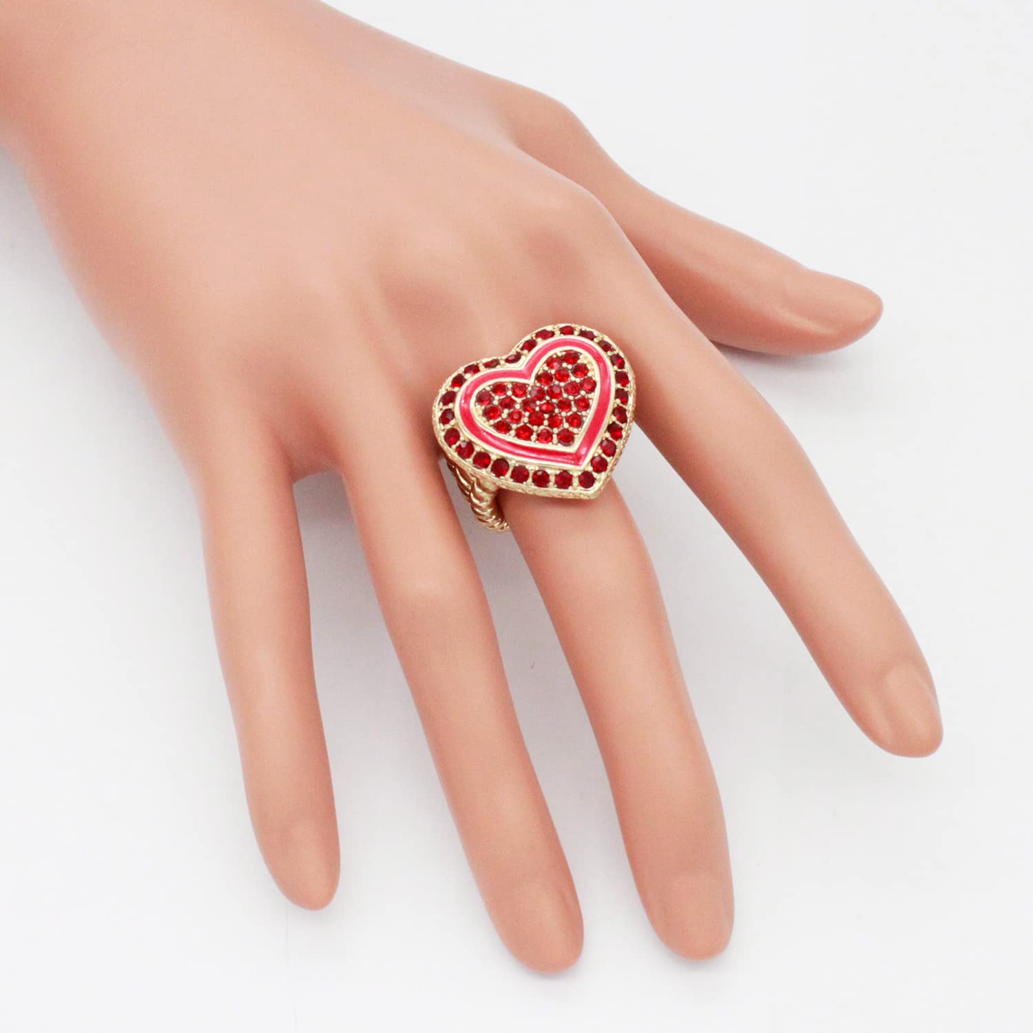 Lavencious Heart Shaped Rhinestones Stretch Rings for Women Size for 7-9(Red)