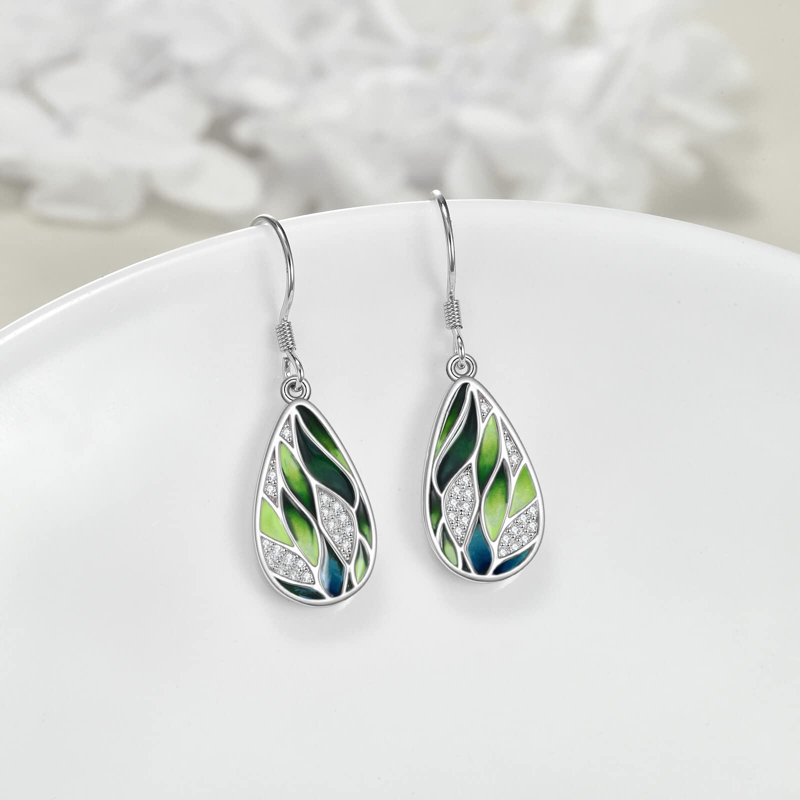 VONALA 925 Sterling Silver Green Earrings for Women Bamboo Leaf Earrings Dangle Enamel Earrings Green Leaf Jewelry Gifts for Her