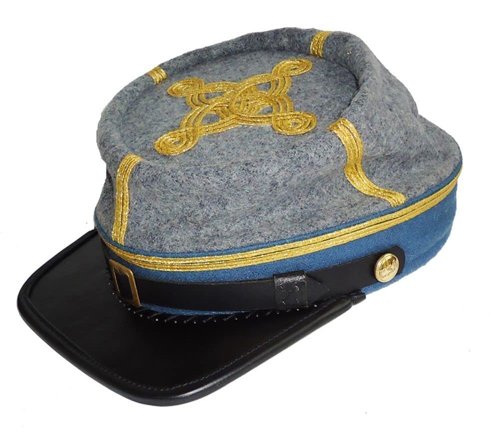 Civil War Confederate Infantry Major's Leather Peak Kepi, Grey/Sky Band 3 Rows (as1, Alpha, m, Standard, Grey)