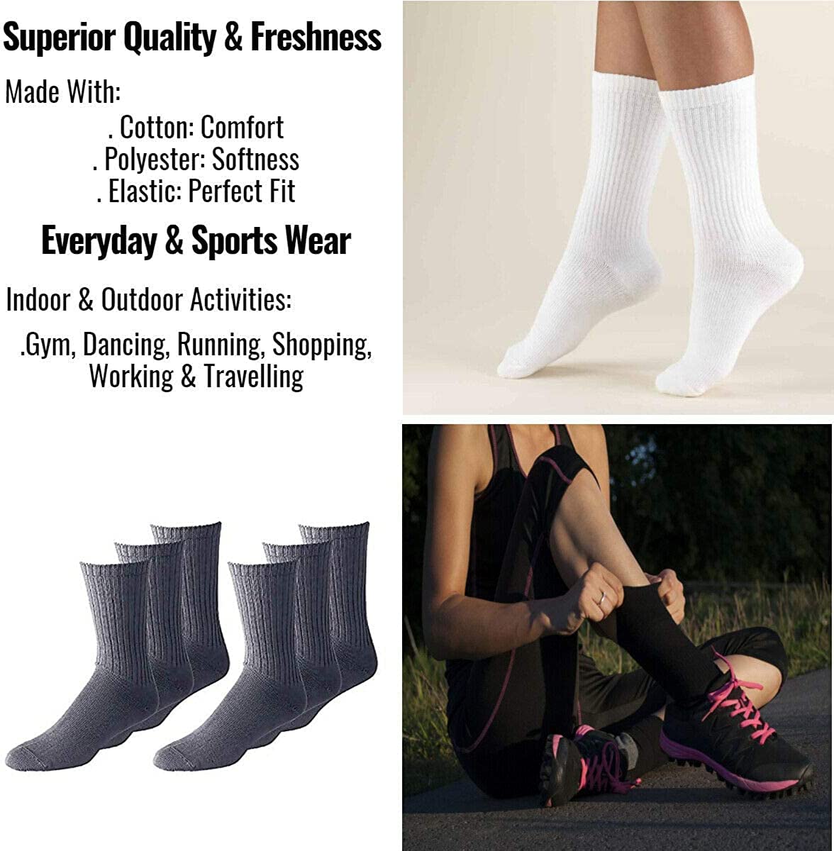 Diamond Star 6 Pairs Men's Cotton Crew Socks Moisture Control Work socks Multipack 6-12 (Black)