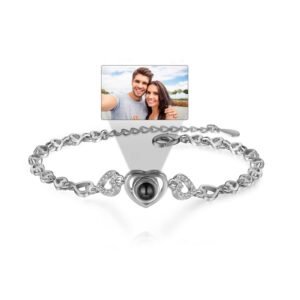 luxladis custom bracelet with picture inside personalized projection bracelets with photos, picture bracelet personalized photo memorial bracelet for women couples girlfriend mom (heart-silver)