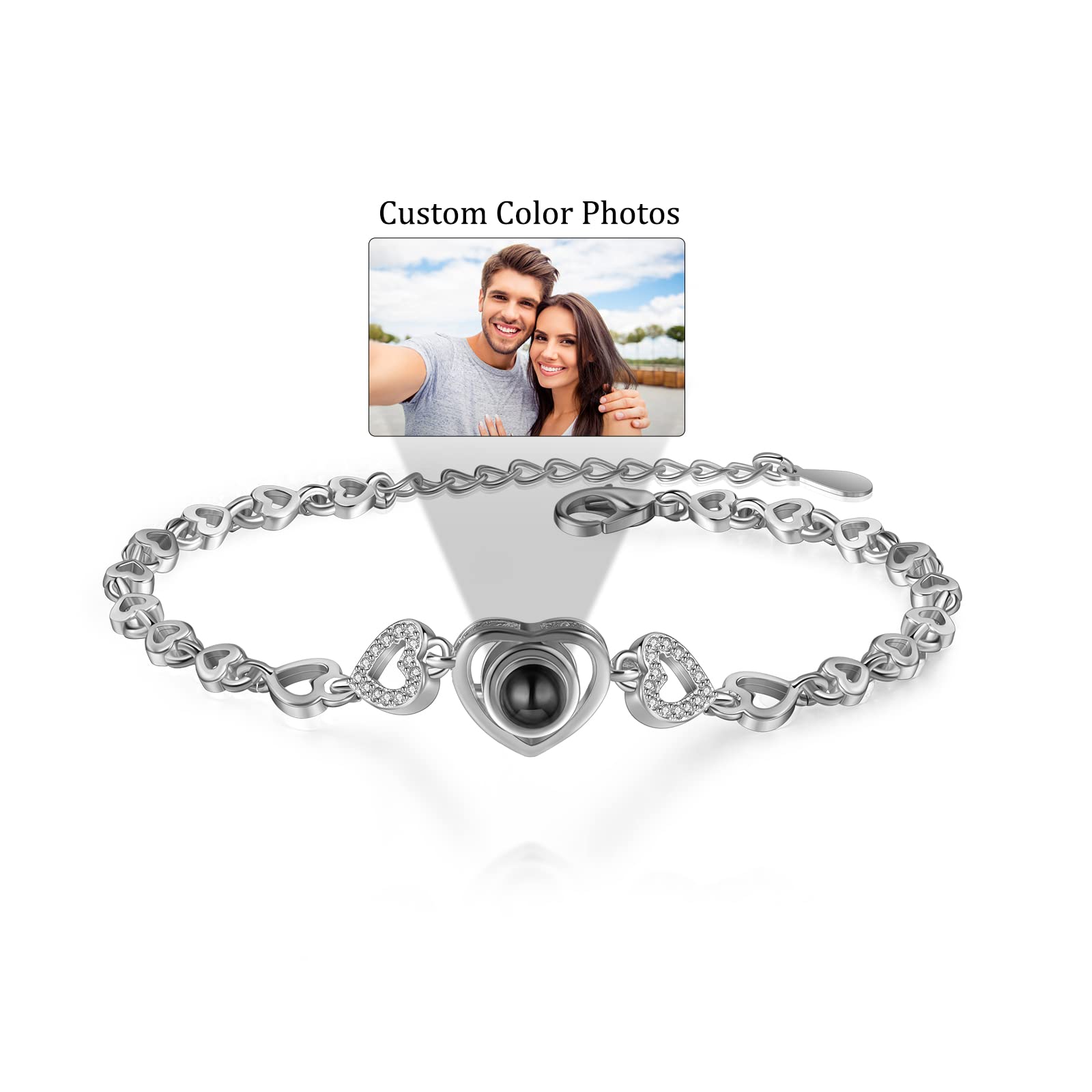 Luxladis Custom Bracelet with Picture inside Personalized Projection Bracelets with Photos, Picture Bracelet Personalized Photo Memorial Bracelet for Women Couples Girlfriend Mom (Heart-silver)