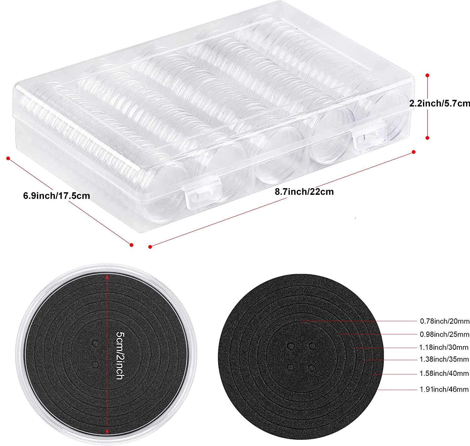 SPLF 100pcs Clear Plastic Coin Capsules, Coin Holder for Collectors, Coin Collection Case with Adjustable Gasket (20/25/30/35/40.6/46mm) for Silver Eagle Liberty Coin & JFK Half Dollar & Bitcoin More