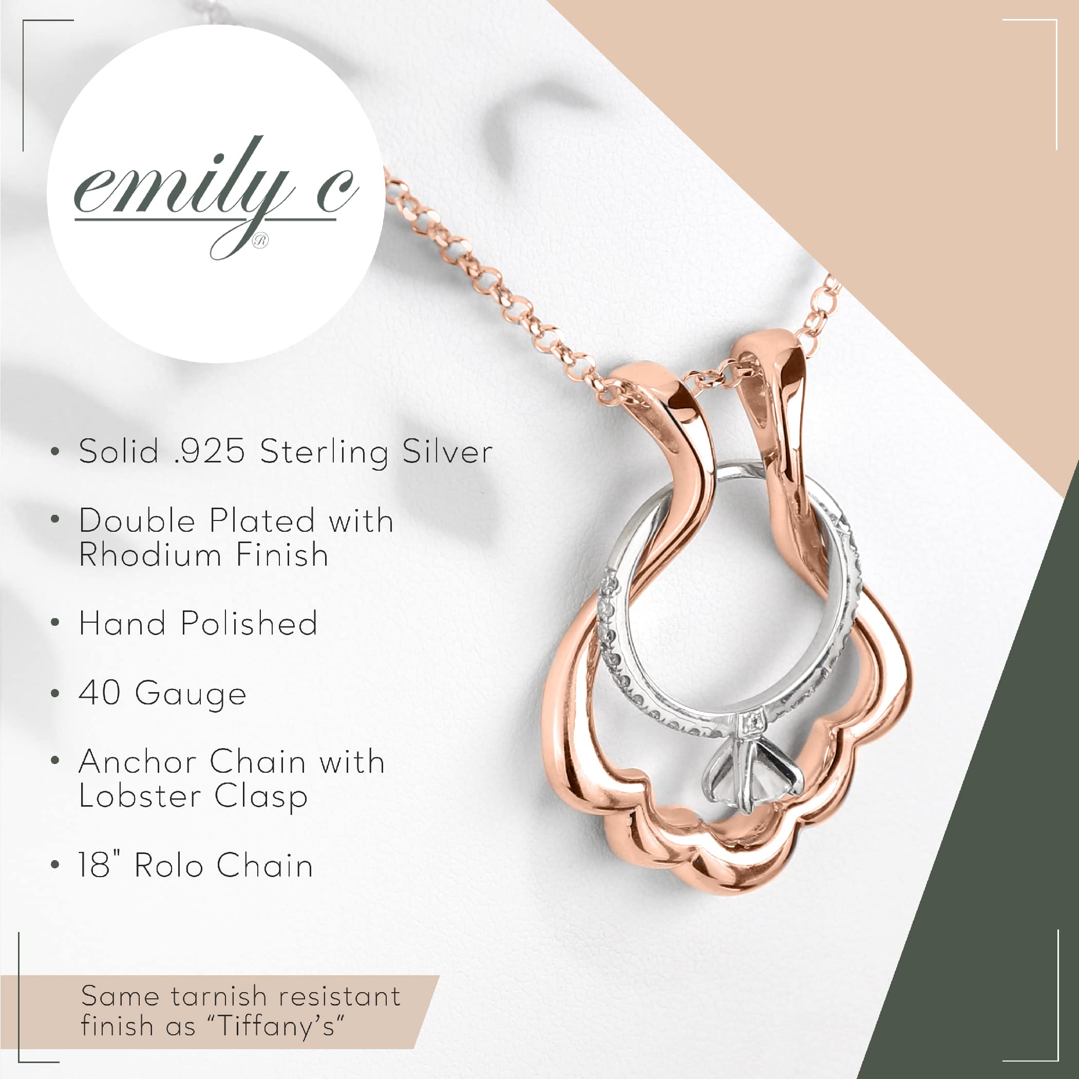 Emily C Original Patented s925 Rose Gold Ring Holder Necklace - Sterling Silver Base plated with 14 Karat Rose Gold - Women & Men Wedding Ring Holder Necklace - Gift for Mother,Wife,Nurse,Doctor