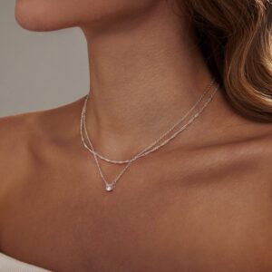 Zeffy Silver Necklace for Women Dainty Silver Layered Necklaces Silver Plated Diamond Necklaces Simple CZ Solitaire Pendant Necklace Cute Silver Chain Choker Necklaces for Women Trendy